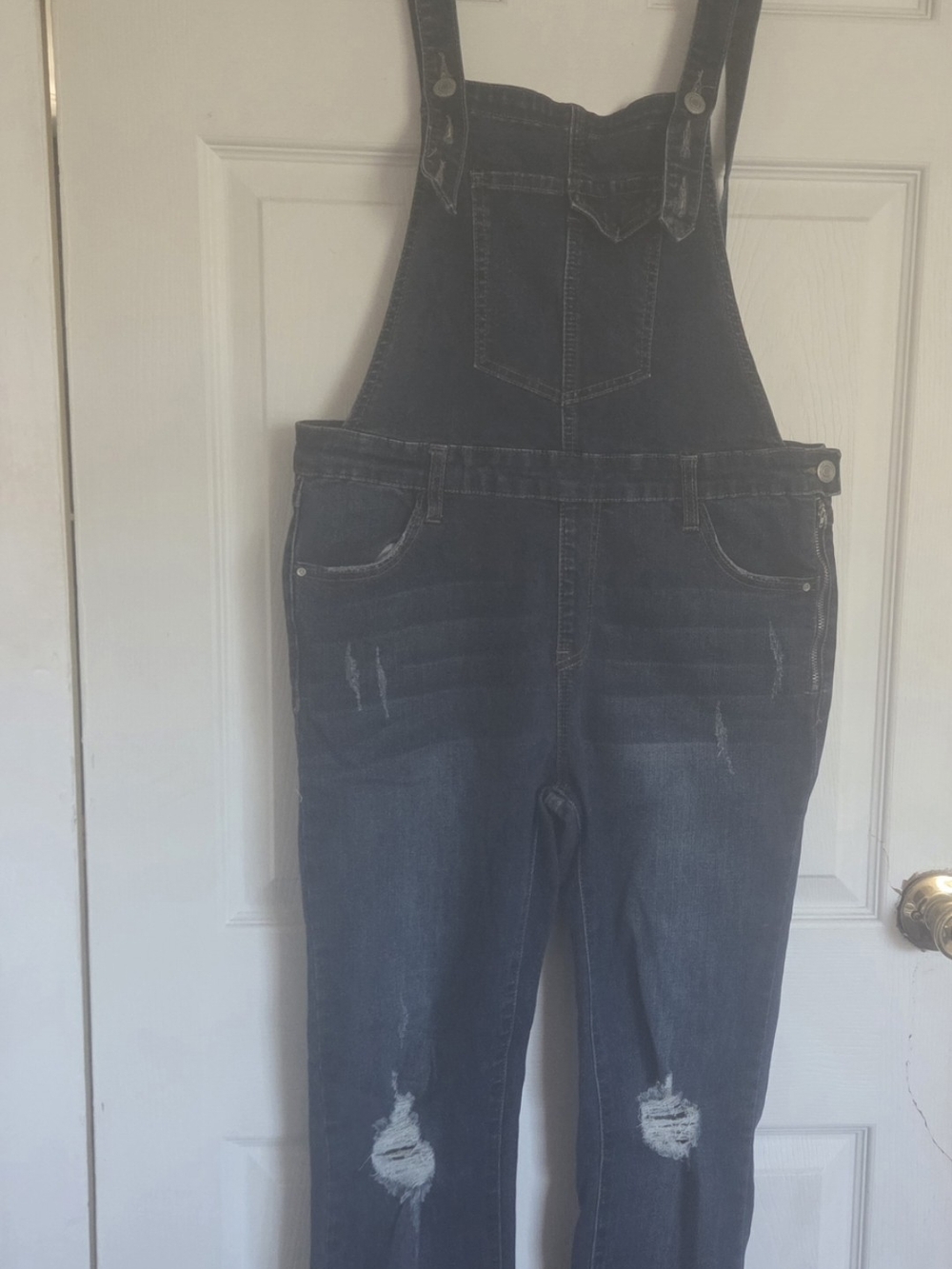 Dark Blue Distressed Denim Overalls for Women